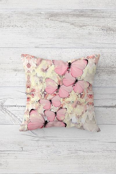Pelangi Pink Flying Butterfly Shiny Effect Double Sided Concealed Zippered Throw Pillow Seat Pillow Cover