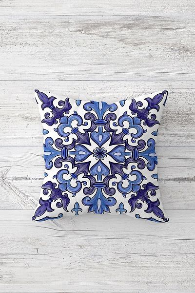 Pelangi Blue Ottoman Motif Double Sided Printed Hidden Zippered Pillow Case Throw Pillow Seat Pillow Case