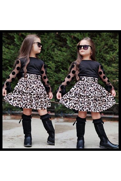 CENGO KIDS COCUK GIYIM Girl's Two Piece Leopard Patterned Set with Belt Gift