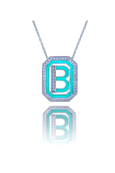 Alexander Atelier 925 Gümüş B Harfi Mineli Tasarım Kolye Rodyum Kaplama
