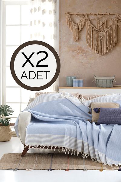Lux Touch Bergama Бебешко синьо Калъфка за диван от 2 части 180 X 200 Cm Калъфка за диван Калъфка за фотьойл Памук