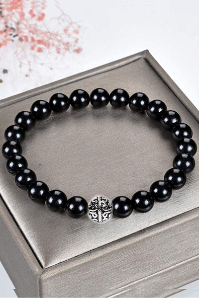 Tesbih Atölyesi Natural Obsidian Stone Bracelet with Certified Silver Device