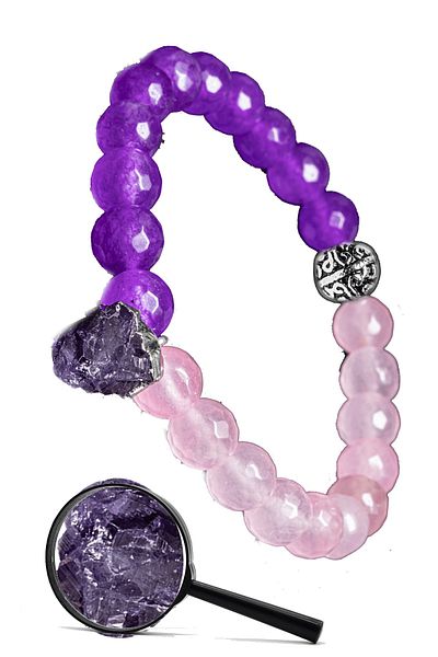 Tesbih Atölyesi Natural Pink Quartz Purple Agate Stone Bracelet with Certified Silver Setting - Amethyst Pendant