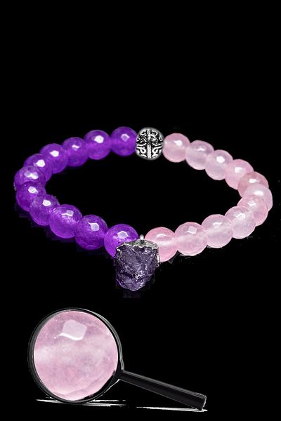 Tesbih Atölyesi Natural Pink Quartz Purple Agate Stone Bracelet with Certified Silver Setting - Amethyst Pendant