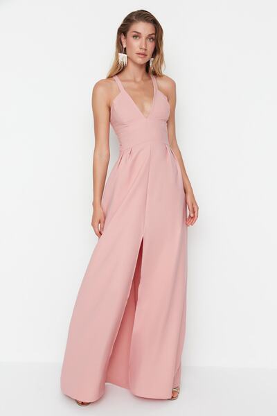 Trendyol Collection Μακρύ βραδινό φόρεμα A-Cut Collar Powder - TPRSS22AE00028