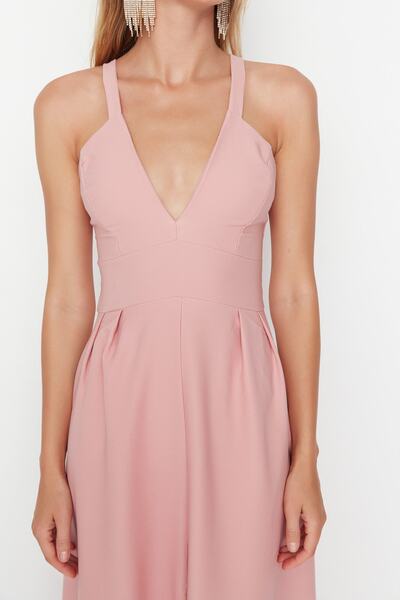 Trendyol Collection Μακρύ βραδινό φόρεμα A-Cut Collar Powder - TPRSS22AE00028