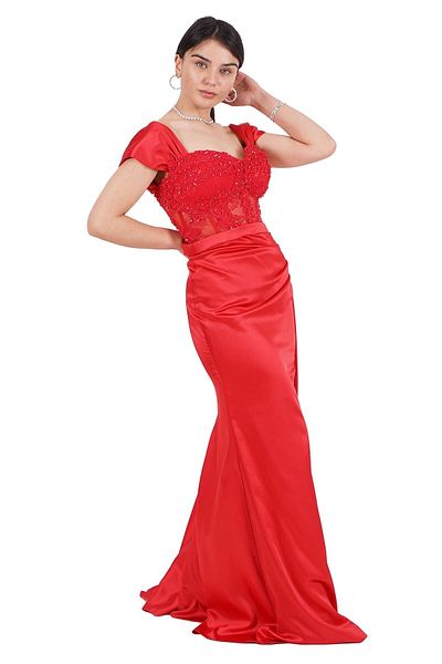 SpringStore Rochie de seara din satin transparent brodata cu piatra rosie