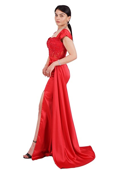 SpringStore Kırmızı Taş Işlemeli Transparan Saten Abiye Elbise