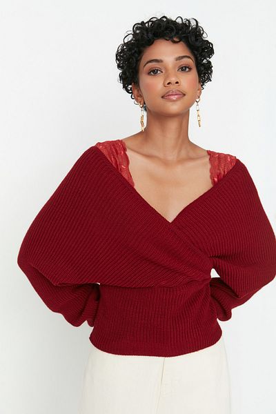Trendyol Collection Burgundy Lace Detailed Double Breasted Collar Knitwear Sweater