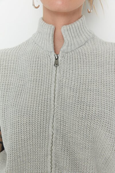 Trendyol Collection Šedá základní pletená vesta na zip - Twoaw23Hi0015