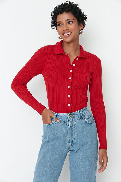 Trendyol Collection Red Mercerized Look Ribbed Polo Neck Knitwear Cardigan Twoaw20Hi0070