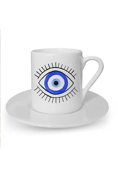 Kumbara Hediyelik White Turkish Coffee Cup with Eye Pattern