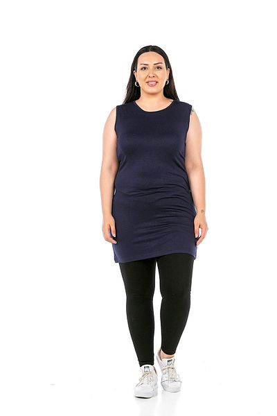 DISENTIS MODEST Large Size Round Neck Thick Strap Viscose Long Navy Blue Body