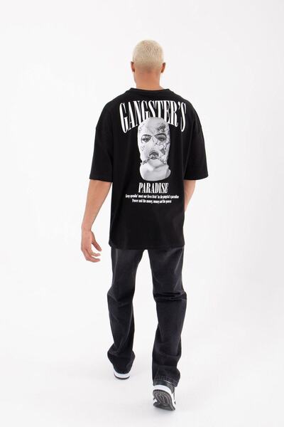 Benisengiydir Ανδρικό μπλουζάκι Black Gangster's Paradise με στάμπα Oversize Cotton Crew Neck