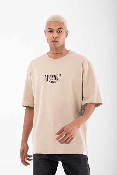 Black Sokak Pánské béžové tričko Gangster's Paradise Printed Oversize Cotton Crew Neck Neck