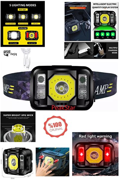 PeakStar Siyah Sensörlü Pratik Ultra Parlak Şarjlı Güçlü Kafa Lambası