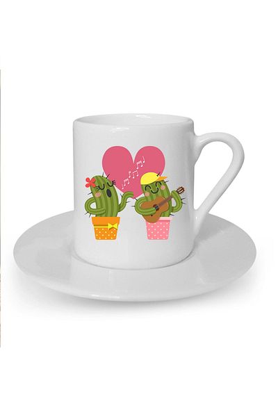 Kumbara Hediyelik Musician Cactuses Printed White Turkish Coffee Cup