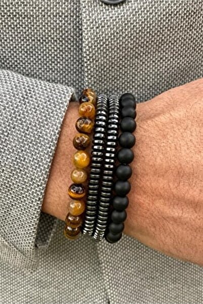 Mıçı Men's Hematite Onyx Tiger's Eye Stone Natural Stone Set of Four Bracelet
