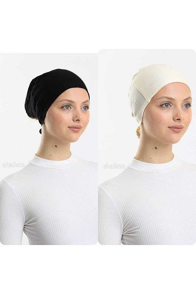 Shalista 2-Piece Magic Adhesive Non-Slip Original Lycra Cap 1st Quality Black & Cream (Non-Slip)