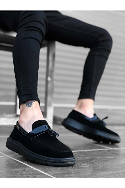 BOA حذاء رجالي أسود عالي النعل بدون أربطة وحزام لامع Bao0005