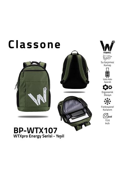 Classone سلسلة الطاقة Bp-wtx107، قماش مقاوم للماء، كمبيوتر محمول مقاس 15.6 بوصة، حقيبة ظهر للكمبيوتر المحمول - أخضر
