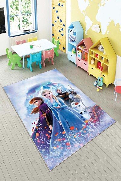 Genel Markalar Mavi Elsa Desenli Kız Çocuk Yıkanabilir Kaymaz Taban Leke Tutmazbebek Ve Çocuk Odası Halısı