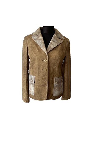 asus deri Brj Renk Hakiki  Deri Kürk Detaylı Kadın Blazer Ceket