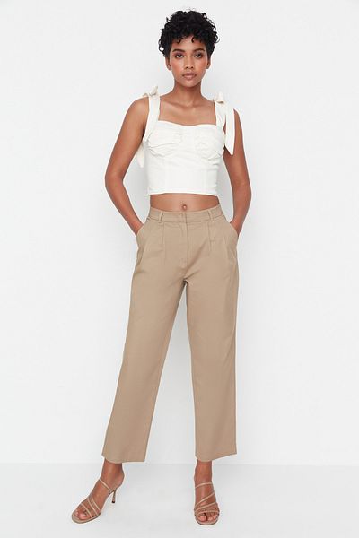 Trendyol Collection Beige High Waist Straight Straight Cut Woven Trousers TWOSS22PL00074