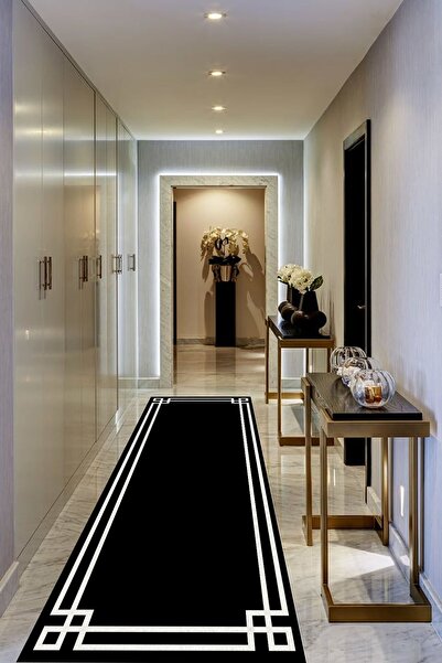 Grey Home Kaymaz Dot Taban Beyaz Modern Köşeli Siyah Salon Halısı Makinada Yı...