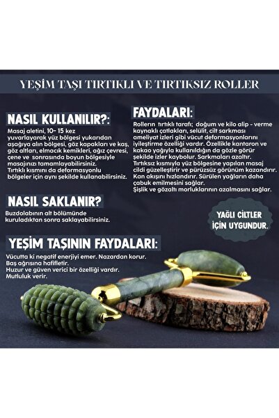 OSMANLI DOĞAL TAŞ Sertifikalı Yeşim Doğal Taşı Tırtıklı Roller Masaj Aleti 15...
