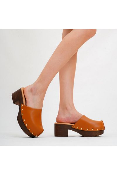 DaphneSandals Genuine Leather Heeled Camel Women's Slippers - Tk01