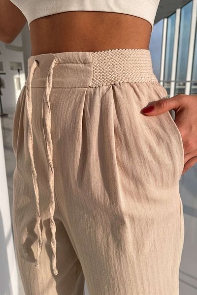 Suzi butik Women's Raw Linen Elastic Waist Trousers
