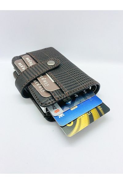 MKM Plaid Patterned Brown Men's Card Holder Wallet with Automatic Mechanism
