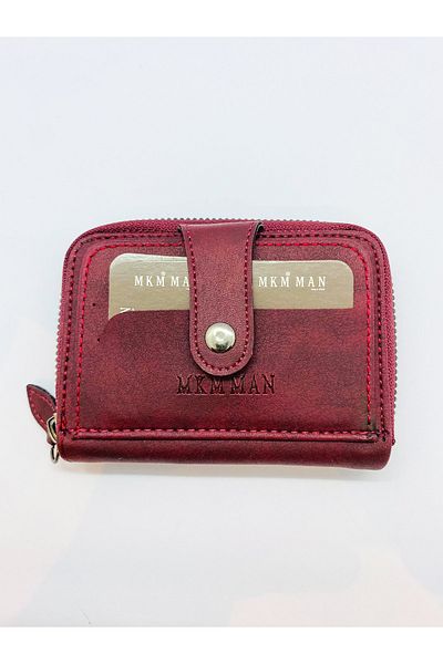 MKM Nubuck Leather Zippered Unisex Claret Red Card Holder Wallet