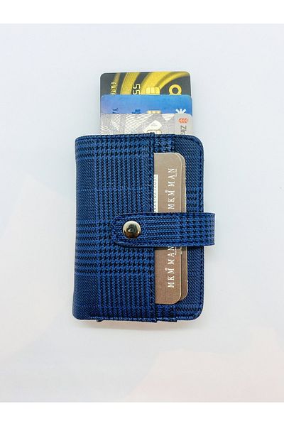 MKM Plaid Patterned Men's Dark Blue Card Holder Wallet with Automatic Mechanism