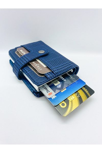 MKM Plaid Patterned Men's Dark Blue Card Holder Wallet with Automatic Mechanism