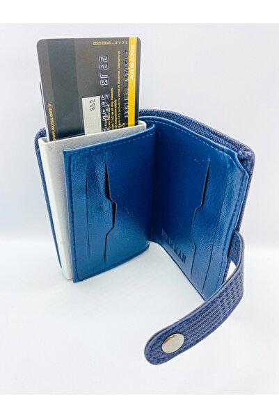 MKM Ανδρικό πορτοφόλι με αυτόματο μηχανισμό με καρό σχέδιο σε μπλε ναυτικό χρώμα