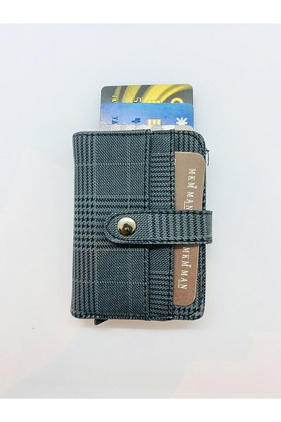 MKM Plaid Patterned Automatic Mechanism Anthracite Gray Men's Card Holder Wallet
