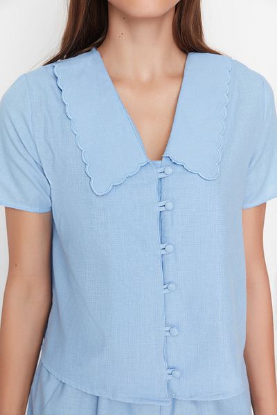 Trendyol Collection Set de pijamale țesute cu guler albastru 100% bumbac cu pantaloni scurți THMSS22PT0179