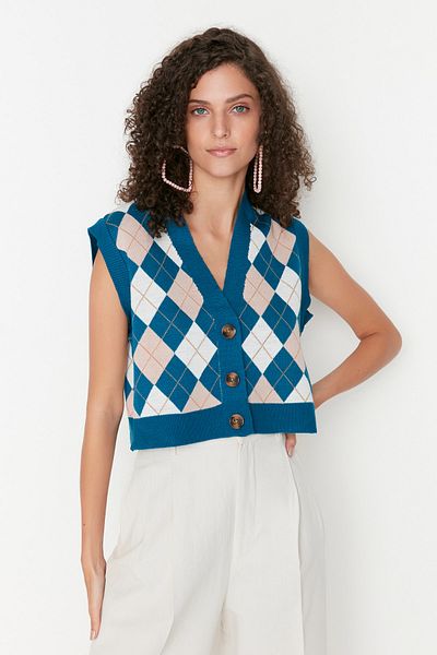 Trendyol Collection Цветна трикотажна жилетка с V-образно деколте Petrol - TWOAW22BZ0047
