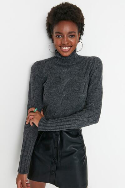 Trendyol Collection Antracit moale texturat crop păr împletit tricotaj pulover TWOAW20KZ1175