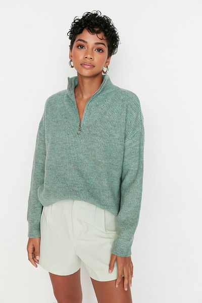 Trendyol Collection Mintgrüner, weicher, strukturierter Strickpullover mit Reißverschluss