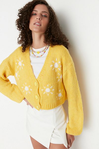 Trendyol Collection Mintás sárga puha kötöttáru kardigán - TWOAW22HI0026