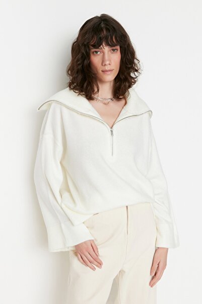 Trendyol Collection Puha textúrájú, cipzáras, széles szabású kötöttáru pulóver - TWOAW23KZ00236