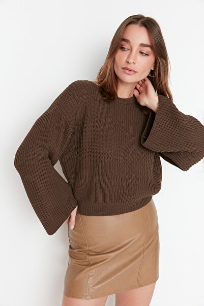 Trendyol Collection Καφέ Crop Wide Fit Ισπανικό Πλεκτό Πουλόβερ TWOAW20KZ0743