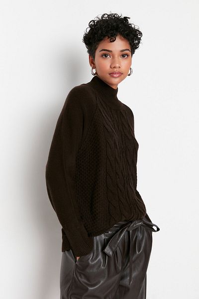 Trendyol Collection Καφέ πλεκτό Λεπτομερές Πλεκτό Πουλόβερ Oversize TWOAW23KZ00748