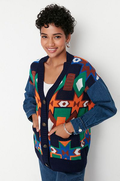 Trendyol Collection Multicolored Denim Sleeve Detail Knitwear Cardigan (Twoaw21Hi0016)