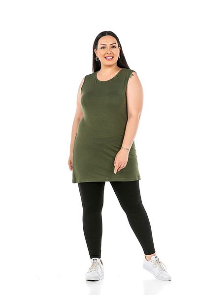 DISENTIS MODEST Large Size Round Neck Thick Strap Viscose Long Khaki Body