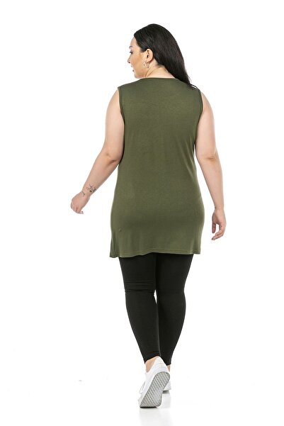 DISENTIS MODEST Large Size Round Neck Thick Strap Viscose Long Khaki Body