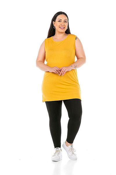 DISENTIS MODEST Large Size Round Neck Thick Strap Viscose Long Mustard Body